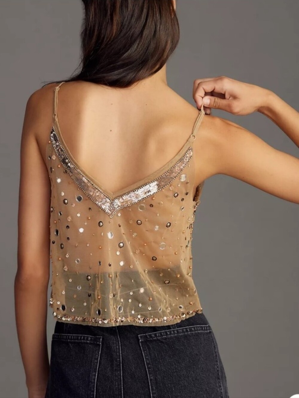 Anthropologie Sequin Embellished Nude-Beige V-Neck Camisole - Picture 5 of 13